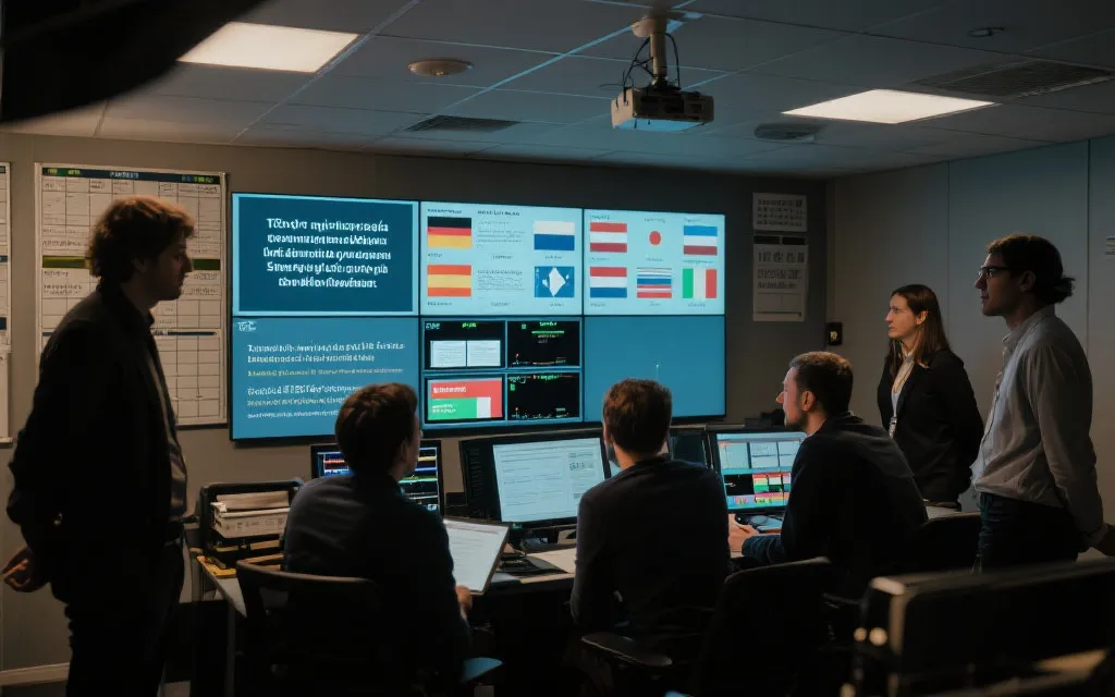 危机公关团队在控制室内协同工作，屏幕显示多语种声明与时间线