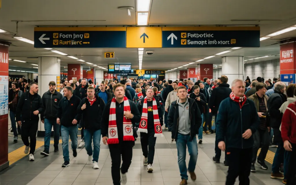 比赛日公共交通场景：球迷在站台与换乘通道中有序前行的电影感画面