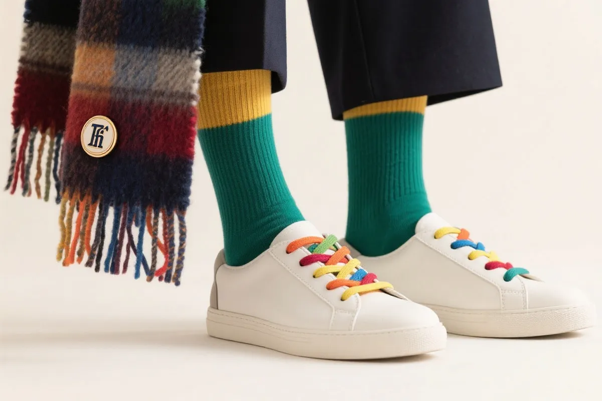 观赛场景穿搭细节特写：围巾、袜子、徽章与运动鞋鞋带的色彩呼应