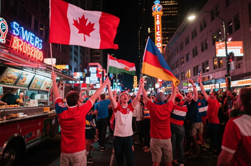 世界杯球迷在北美城市街头聚集观看比赛的热烈场景