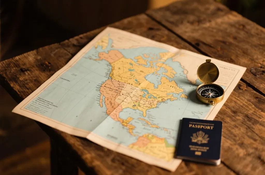 A generic physical paper map of North America with a passport and a compass on a wooden table